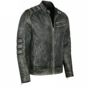 Men's vintage Real Sheepskin Motorbike Leather Jacket - Black Café Racer Coat - Image 8