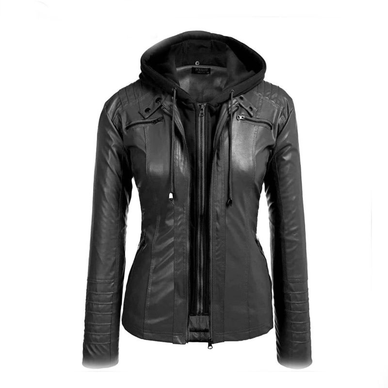 Womens Plus Size Faux Leather Moto Biker Zip Up Hoodie Jacket