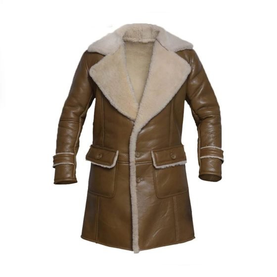 Men Brown Shearling Leather Trench Coat