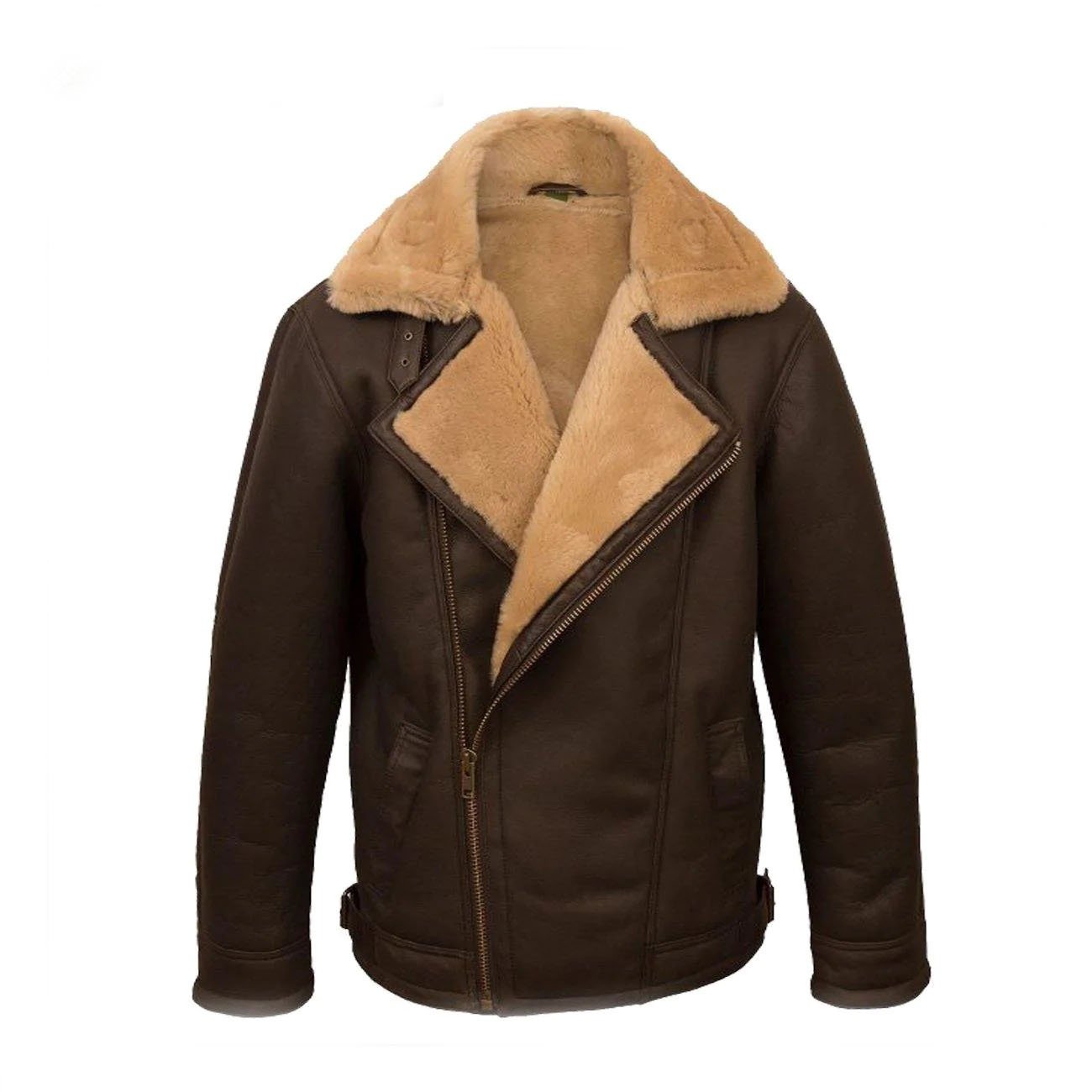 1 Asymmetrical Leather Brown Shearling Jacket Mens - Image 1