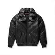 Black Leather Chinchilla Collar V Bomber Jacket