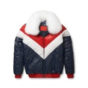 Two-Tone Red and White V Bomber Leather Jacket