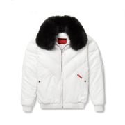 White Leather V-Bomber Jacket Black Fox Fur Removable