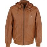Men's Biker Bomber Style Tan Real Sheepskin Leather Hoodie Motorcycle Jacket