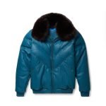 Real Quality Fur Teal Leather V Bomber Jacket