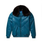 Real Quality Fur Teal Leather V Bomber Jacket