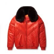 Top Seller Orange Leather V Bomber Jacket for Mens