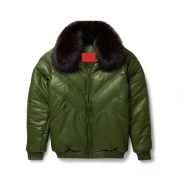 Olive Leather V Bomber Men's Jacket