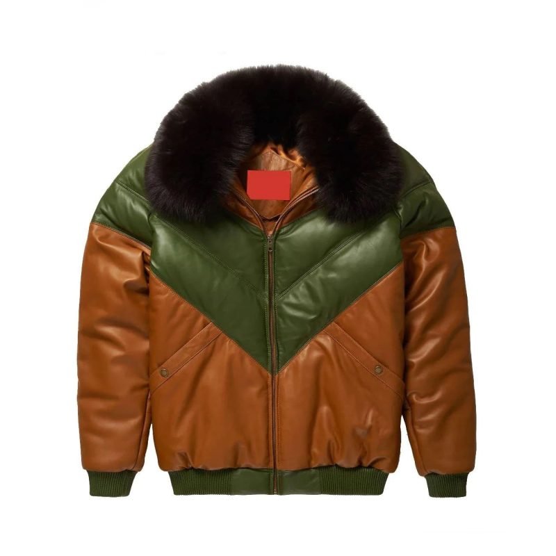 Brown-Green Leather Two Tone V Bomber Leather Jacket