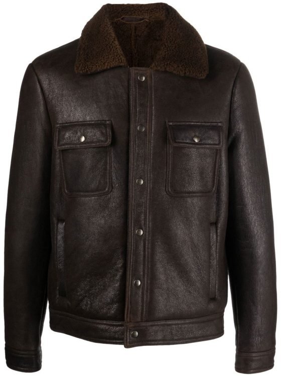 Men Leather Jacket Shearling Collar Sheepskin Real Leather Brown Jacket long Sleeves Buttoned Cuffs