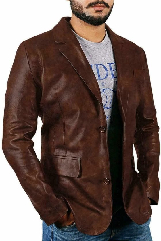 Men's Leather Blazer Coat Classic Vintage Jacket