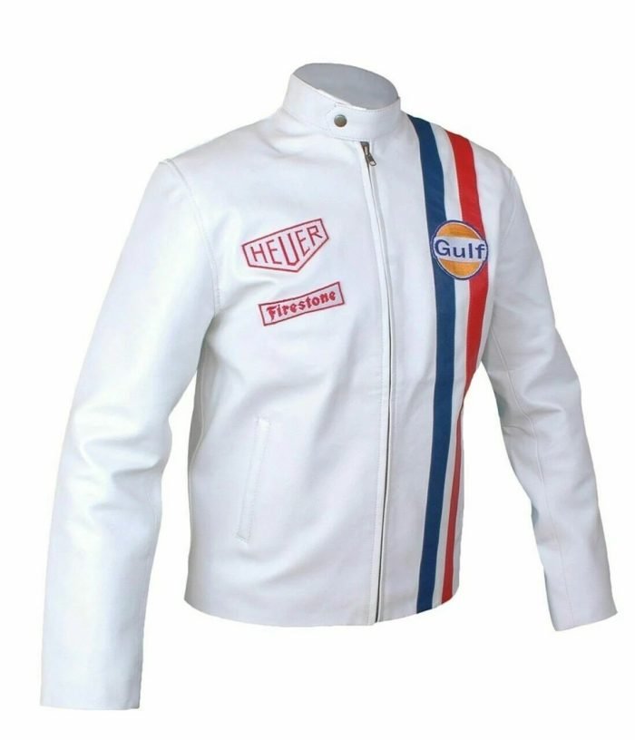 Steve McQueen White Le Mans Gulf Racing Style Leather Jacket with Stripes - Image 3