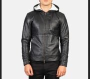 Men's Black Leather Hoode Jacket Baston Sheepskin Leather Bomber Jacket