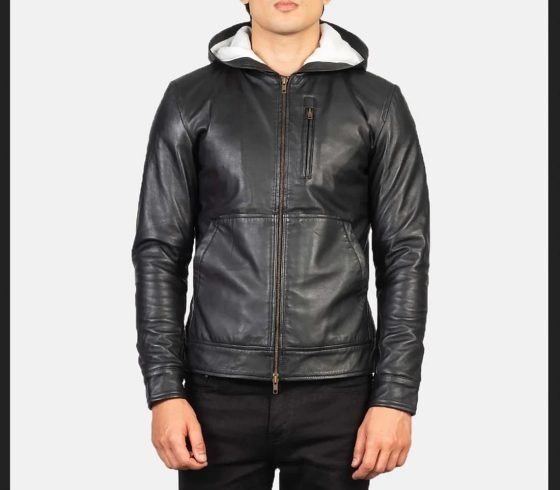 Men's Black Leather Hoode Jacket Baston Sheepskin Leather Bomber Jacket