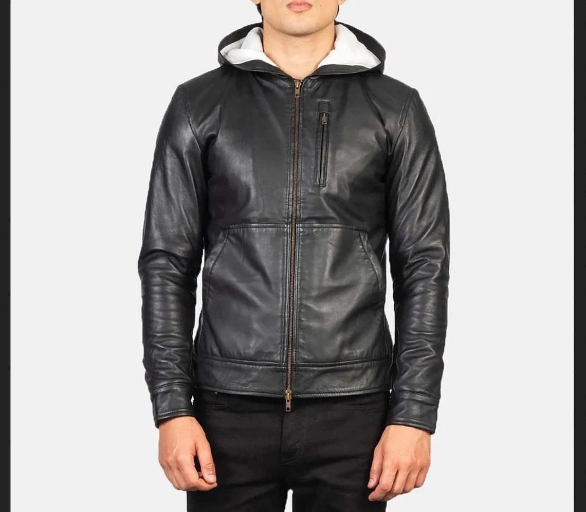 1 Men's Black Leather Hoode Jacket Baston Sheepskin Leather Bomber Jacket - Image 1