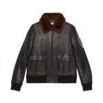 Men's Shearling Leather Bomber Jacket with Embroidery