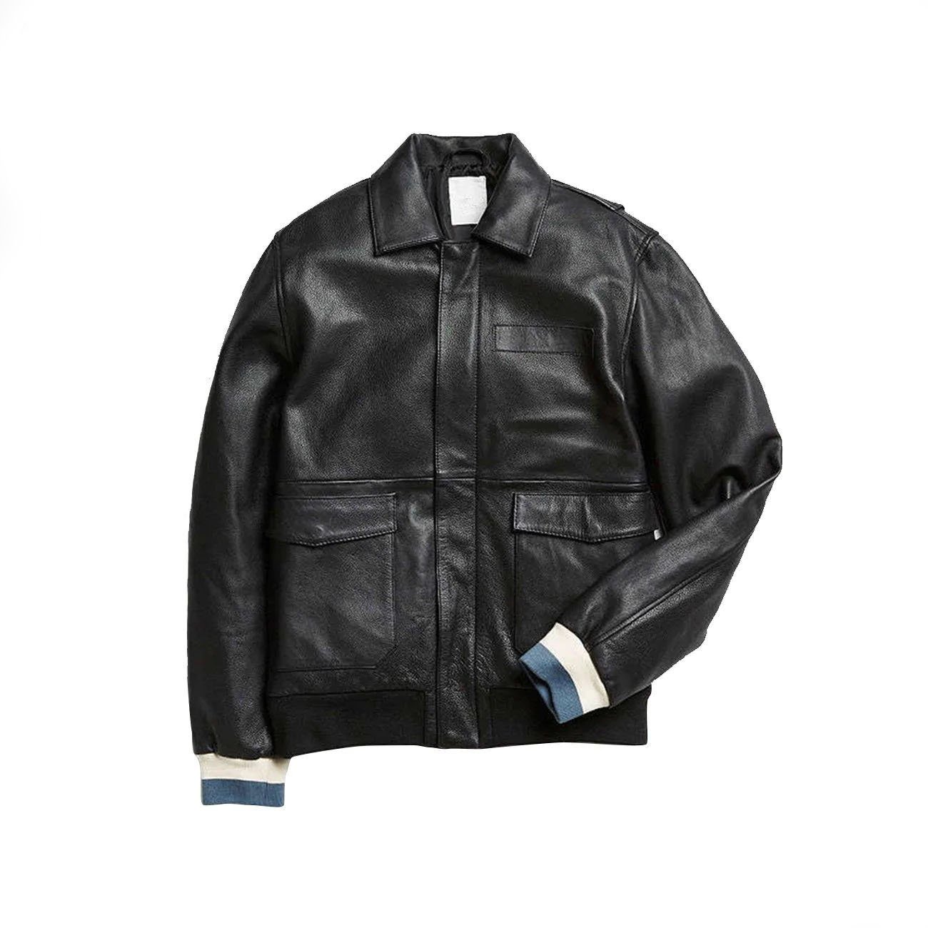 1 Black Shirt Style Leather Bomber Jacket - Image 1