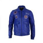 Men's Real Leather Blue Bomber Pilot Flying Jacket With Badges - Aviator Bomber Jacket