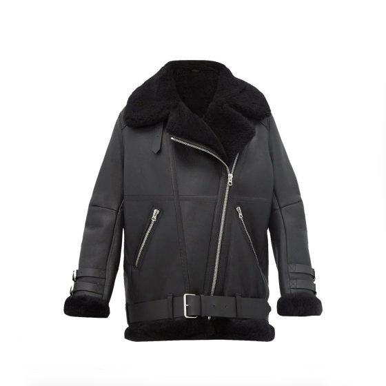 Women Pitch Black B3 Shearling Leather Jacket