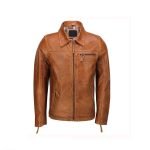 Mens Real Leather Jacket Classic Collar Retro Zip Up Biker Style