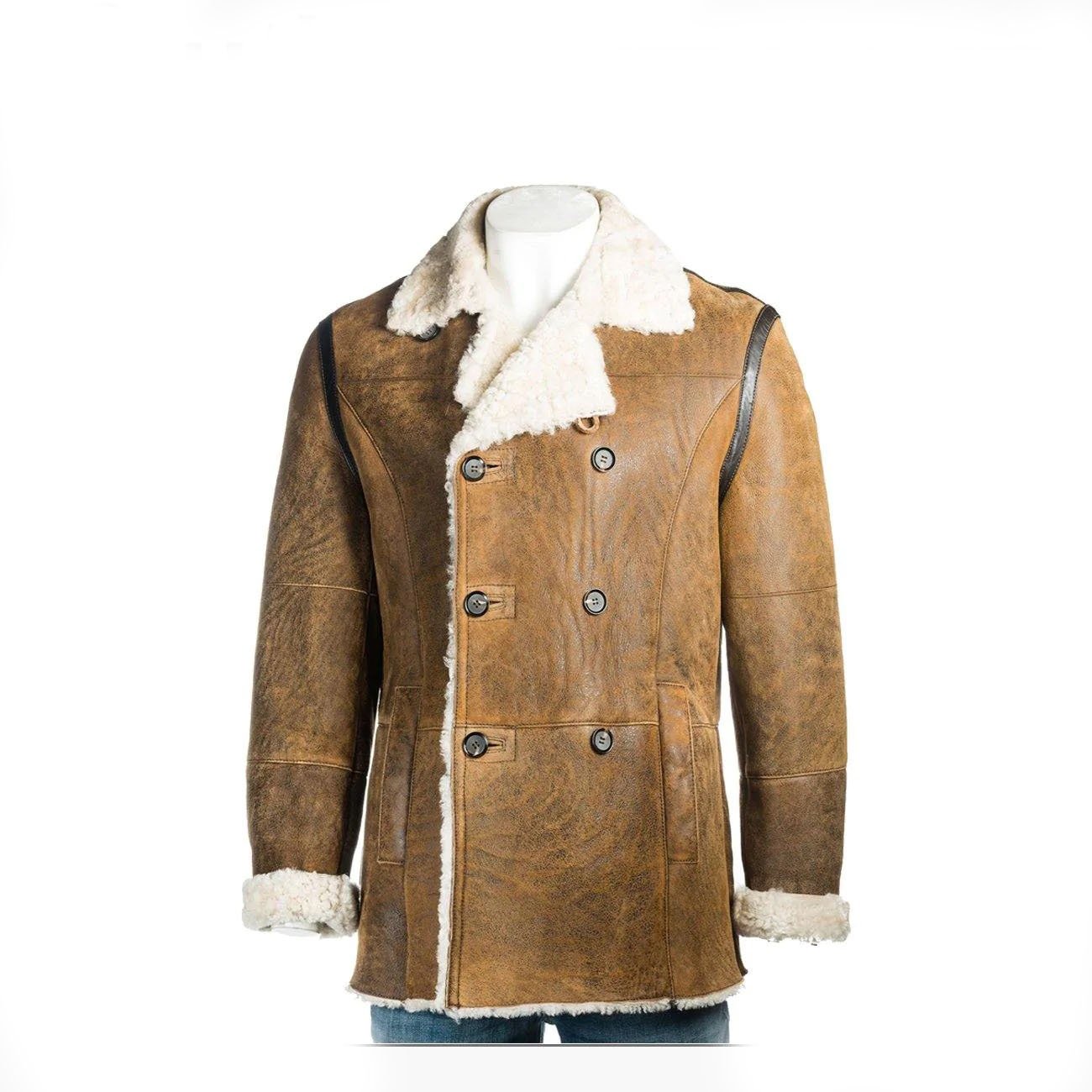 1 Brown Shearling Leather Men Coat - Image 1
