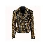 Handmade Women's Black Fashion Golden Studded Punk Style Leather Jacket