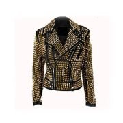 Handmade Women's Black Fashion Golden Studded Punk Style Leather Jacket