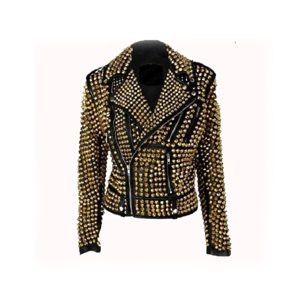 1 Handmade Women's Black Fashion Golden Studded Punk Style Leather Jacket - Image 1