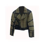 Handmade Womens Black Fashion Golden Studded Punk Style Leather Jacket
