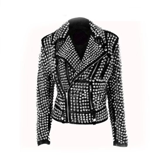 Handmade Women Black Fashion Studded Punk Style Leather Jacket