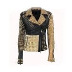 Handmade Womens Fashion Golden Studded Punk Style Leather Jacket