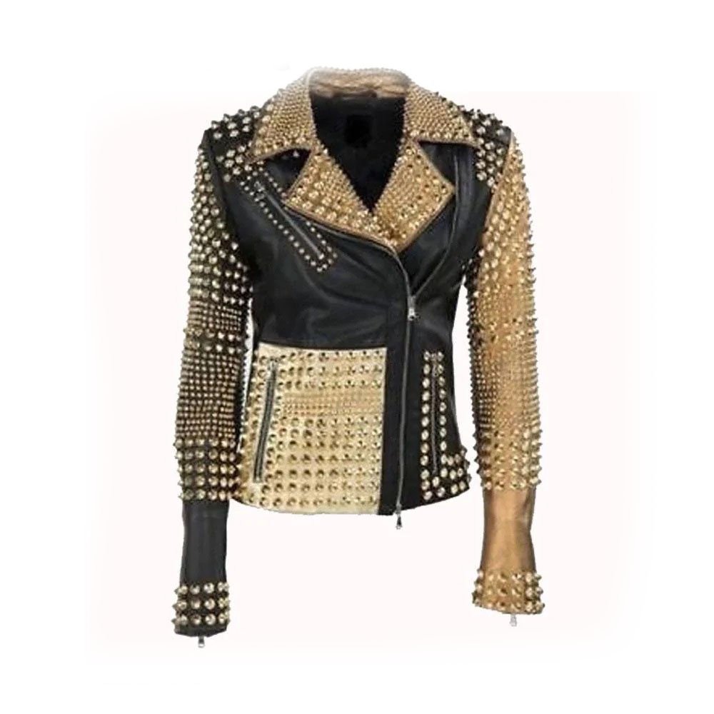 1 Handmade Womens Fashion Golden Studded Punk Style Leather Jacket - Image 1