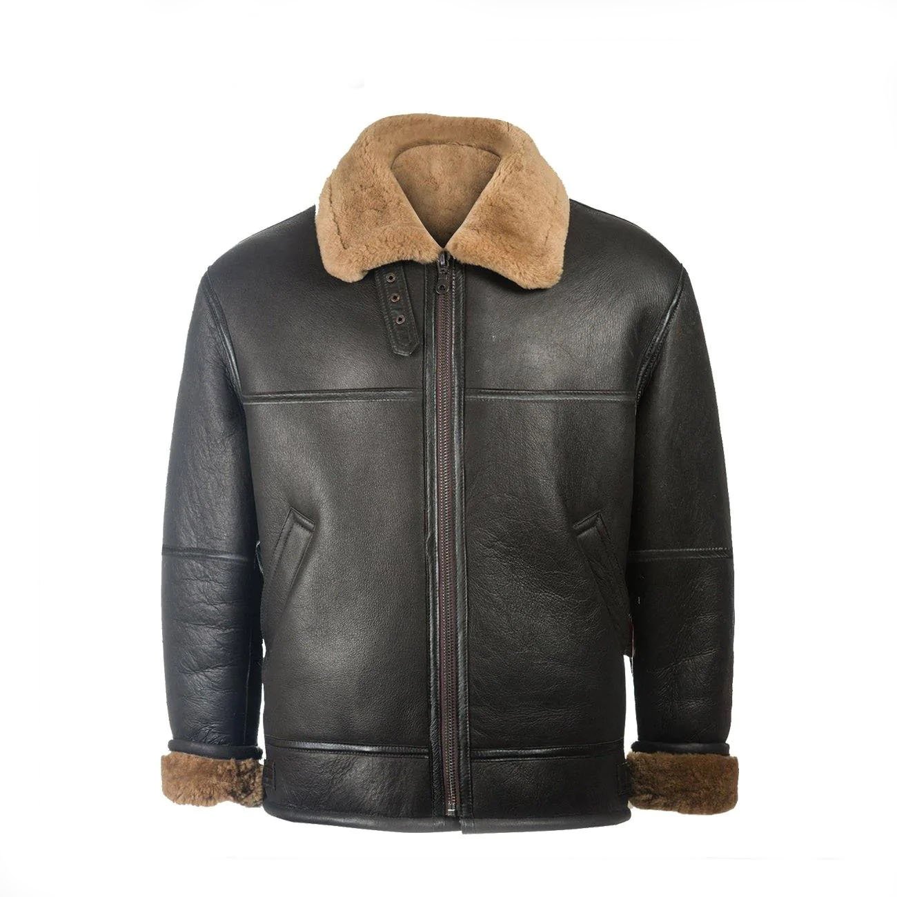 1 Men Black Aviator Leather Shearling Jacket - Image 1