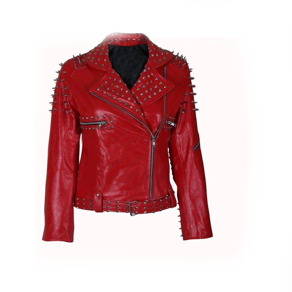 1 Handmade Womens Red Fashion Studded Punk Style Leather Jacket - Image 1