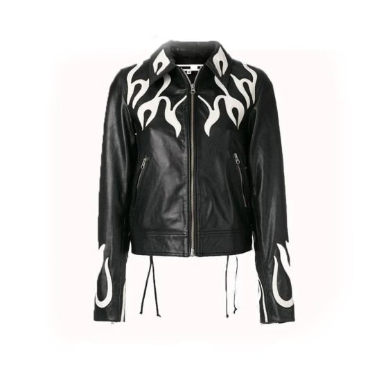 Women Fashion Printed Flame Effect Leather Jacket