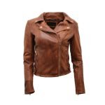 Ladies Coniac Tan Vintage Brando 100% Leather Biker Jacket