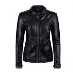 Women Zipper Closure Sleeve Easy Leather Jacket