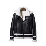 New Men's Shearling Black B3 Bomber Hooded Leather Fur Jacket