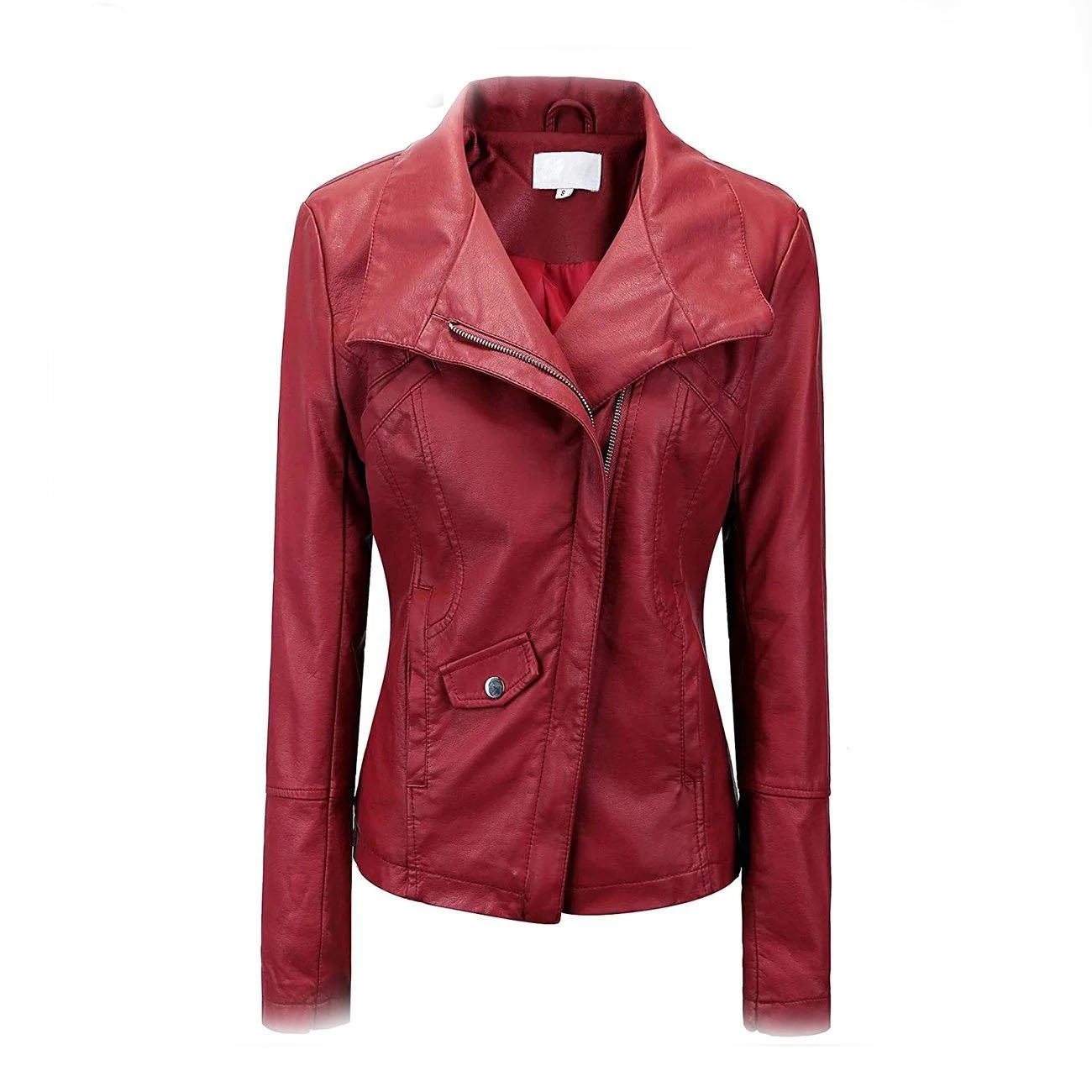 1 Womens Biker Leather Jacket Moto Wine - Image 1