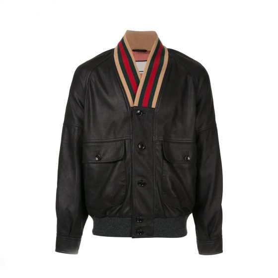 Womens Gucci Black Bomber Leather Jacket