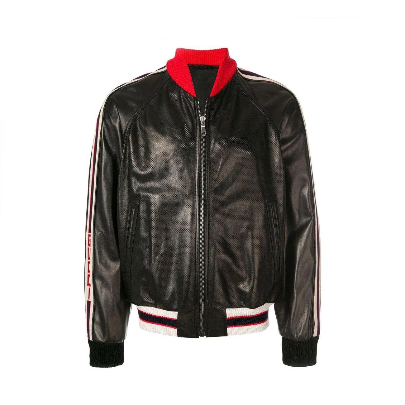 1 Stripe Trim Womens Leather Bomber Jacket - Image 1