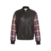 Wool Blend Tweed Women Leather Bomber Jacket
