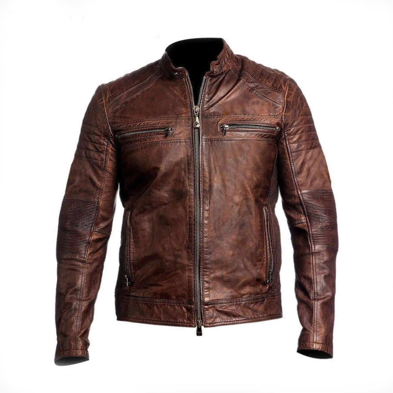 1 Men's Brown Café Racer Vintage Distressed Motorbike Leather Jacket - Image 1