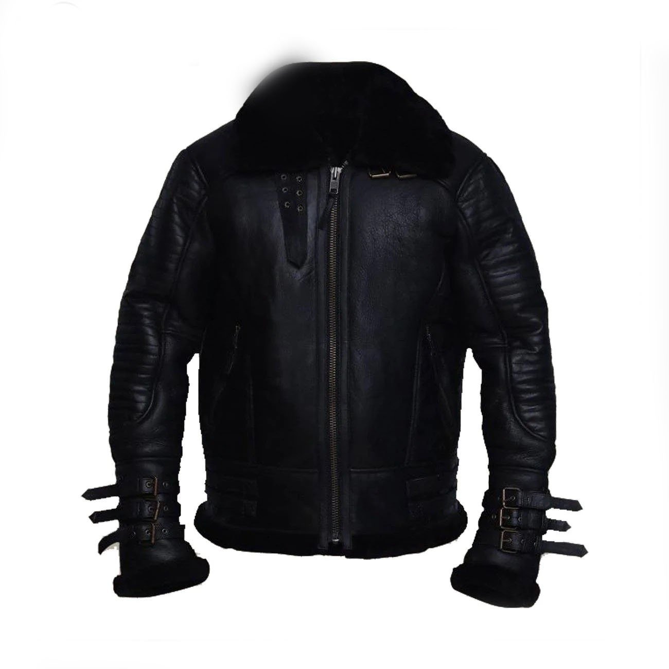 1 Men Black Biker Shearling Jacket - Image 1