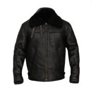 Men Jet Black Shearling Leather Jacket