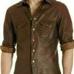 Men's Chocolate Brown Slim Fit Biker Leather Shirt