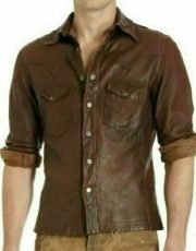 Men's Chocolate Brown Slim Fit Biker Leather Shirt