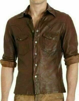 Men's Chocolate Brown Slim Fit Biker Leather Shirt