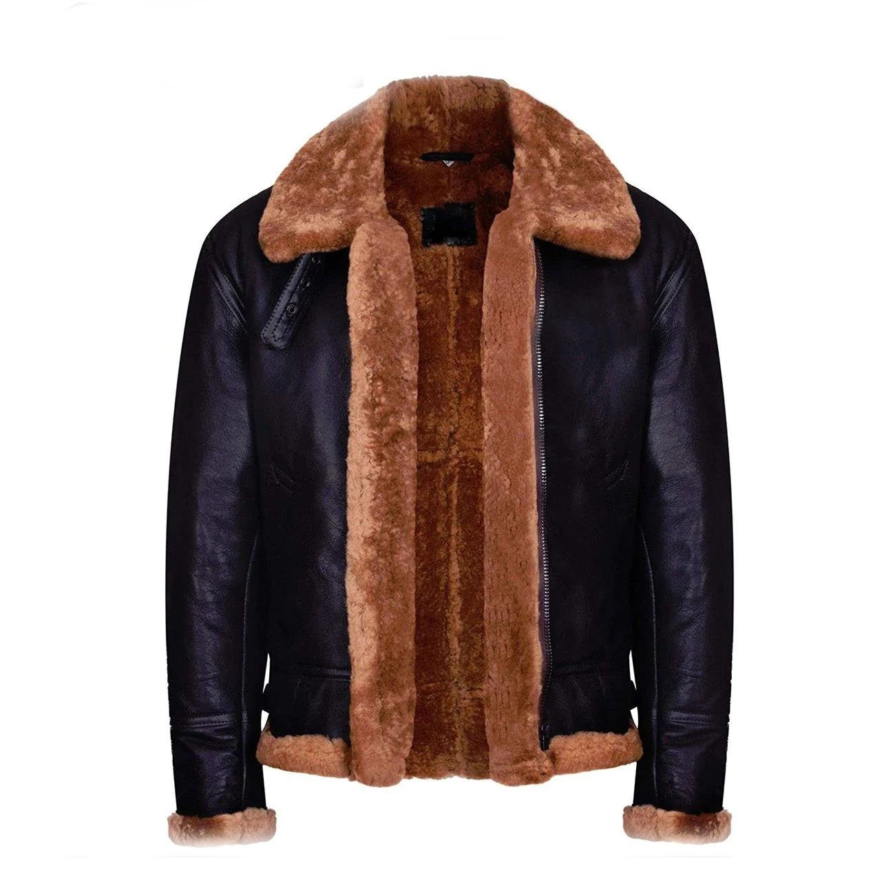 1 Brown B3 Real Shearling Sheepskin Leather Bomber Flying Jacket - Image 1