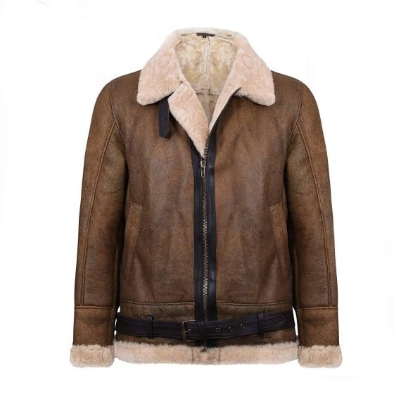 Men's Light Brown B3 Sheepskin Aviator Flying Leather Bomber Jacket